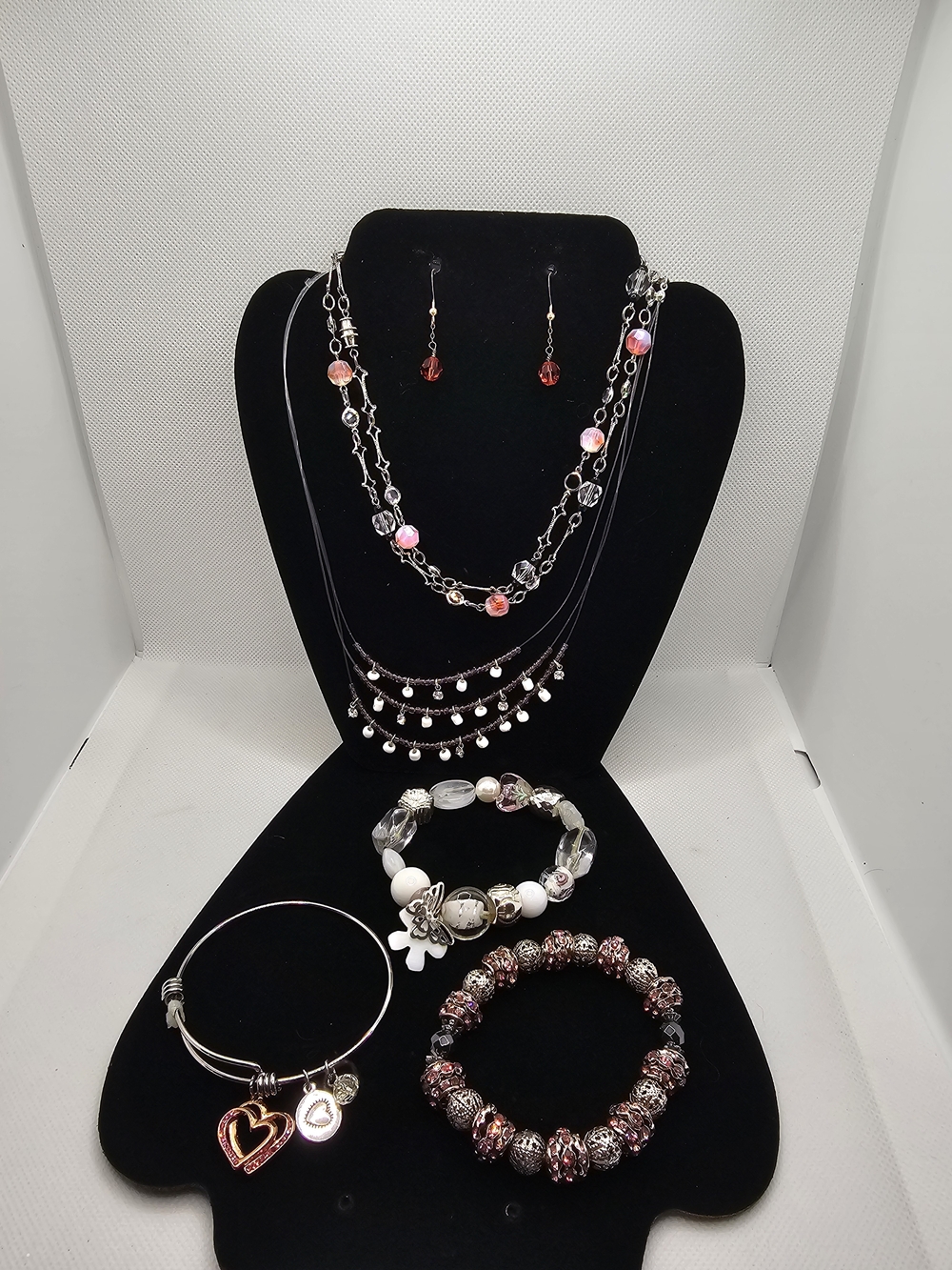 Multi-Strand Pink & Silver Metal And Bead Jewelry Bundle